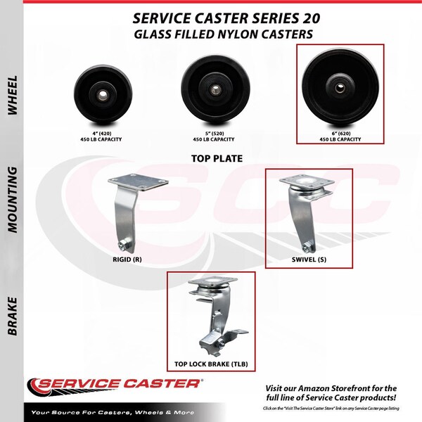 Service Caster 6 Inch Glass Filled Nylon Caster Set with Roller Bearings 2 Brakes 2 Rigid SCC SCC-20S620-GFNR-TLB-2-R-2 - main